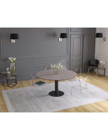 UNA - Table de repas extensible deux allonges intégrées pied central acier laqué noir