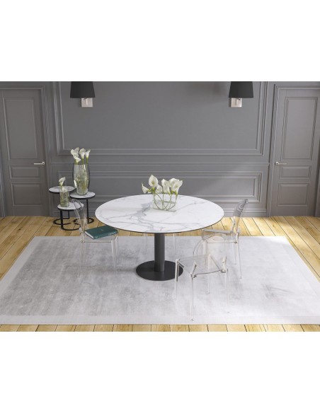 UNA - Table de repas extensible deux allonges intégrées pied central acier laqué noir