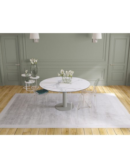 UNA - Table de repas extensible deux allonges intégrées pied central acier laqué gris