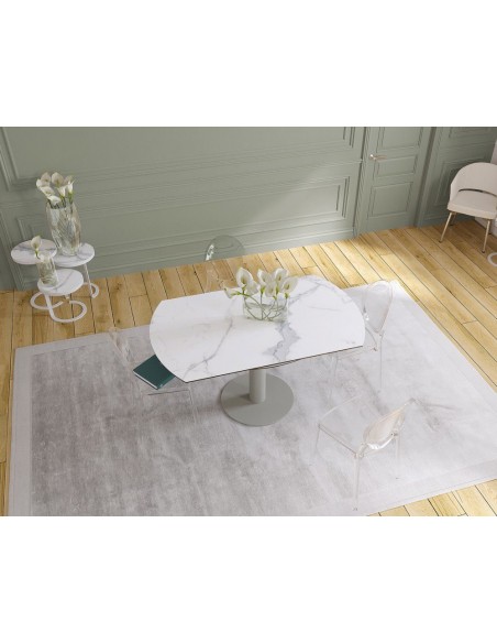 UNA - Table de repas extensible deux allonges intégrées pied central acier laqué gris