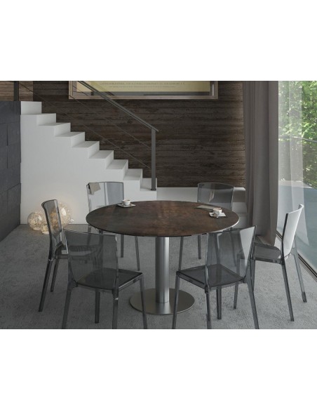UNA - Table de repas extensible deux allonges intégrées pied central acier inox brossé