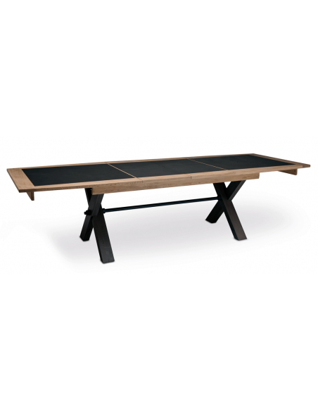 ANGEL - Table de séjour 2 allonges de 46 cm en chêne massif et plateau céramique